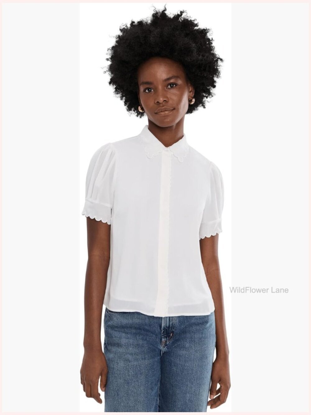 Short Sleeve Scallop Top with Button Front